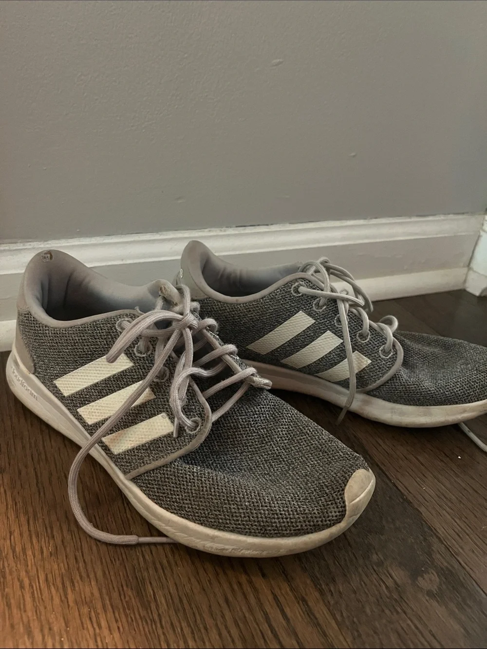 adidas Gray Knit Athletic Sneakers with White Stripes